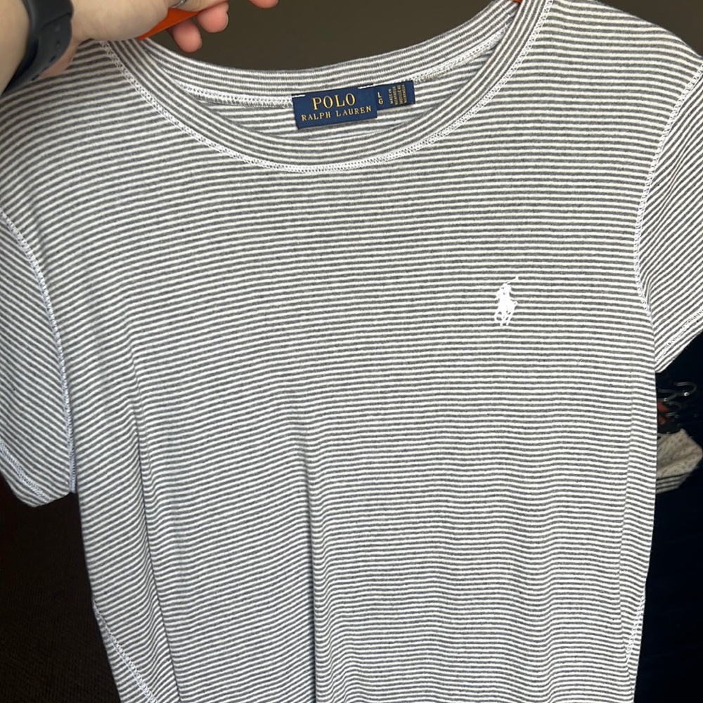 Grey and white stripped Polo shirt with white horse